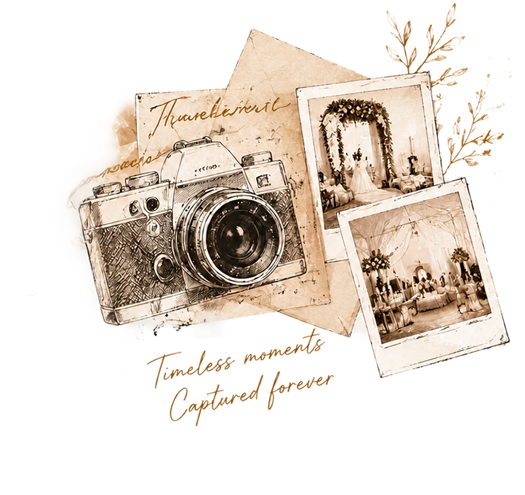 Vintage camera sketch with wedding polaroids — timeless moments captured forever