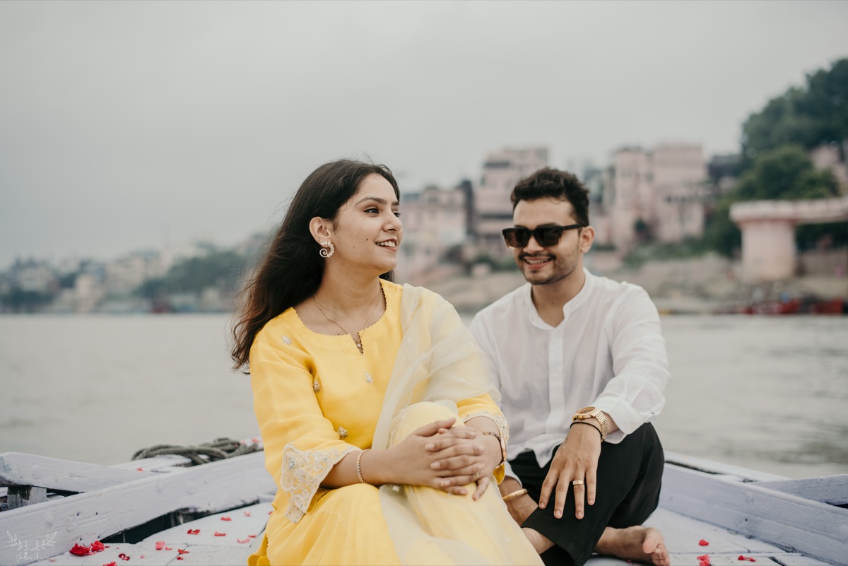 Couple on a boat on the Ganges in Varanasi
