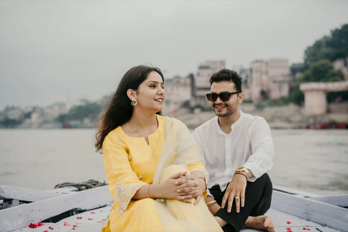 Couple on a boat on the Ganges in Varanasi